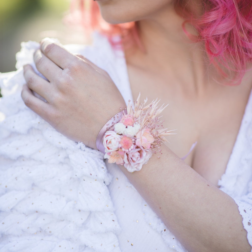 Romantic flower bracelet Blush and ivory bridal wrist corsage Preserved flowers Peony bracelet Bridesmaids gift Magaela Pale pink and cream