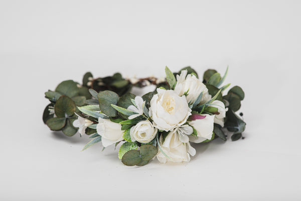 Greenery bridal wreath with flower arrangement at the back Flower crown with eucalyptus Bridal hair wreath 2021 Wedding Magaela accessories
