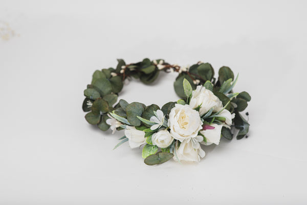 Greenery bridal wreath with flower arrangement at the back Flower crown with eucalyptus Bridal hair wreath 2021 Wedding Magaela accessories