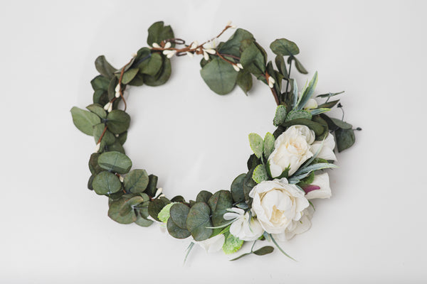 Greenery boho flower crown Bridal wreath with flower arrangement at the back Flower crown with eucalyptus Bridal hair wreath 2021 Wedding Magaela accessories