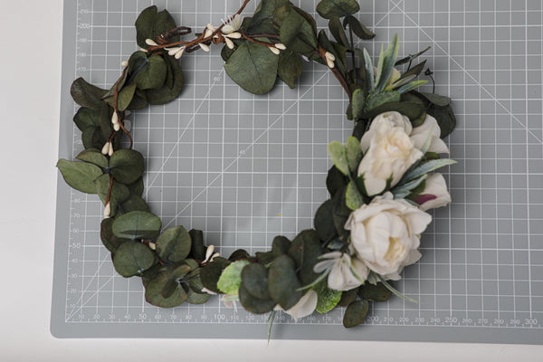 Greenery bridal wreath with flower arrangement at the back Flower crown with eucalyptus Bridal hair wreath 2021 Wedding Magaela accessories