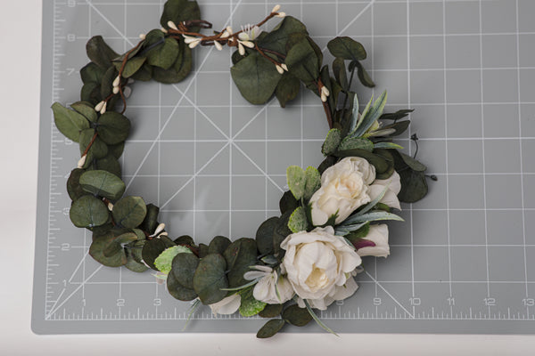 Greenery bridal wreath with flower arrangement at the back Flower crown with eucalyptus Bridal hair wreath 2021 Wedding Magaela accessories