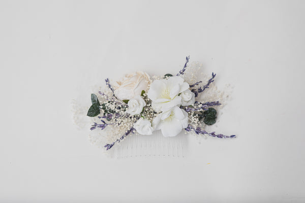 Lavender bridal flower set Hair crown with braids Boutonniere Romantic hair comb White roses Preserved flowers Magaela handmade Foam flowers