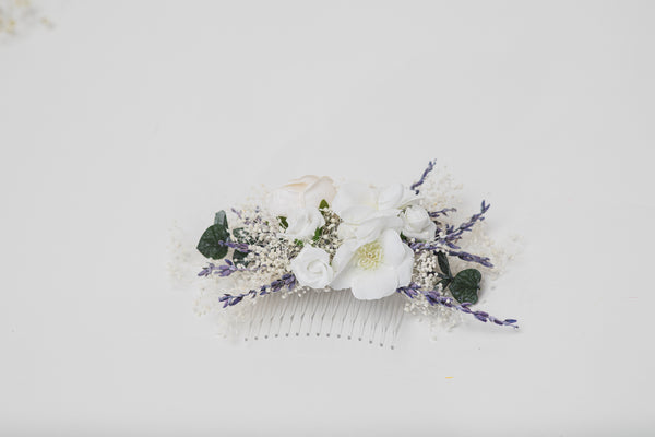 Lavender bridal flower set Hair crown with braids Boutonniere Romantic hair comb White roses Preserved flowers Magaela handmade Foam flowers