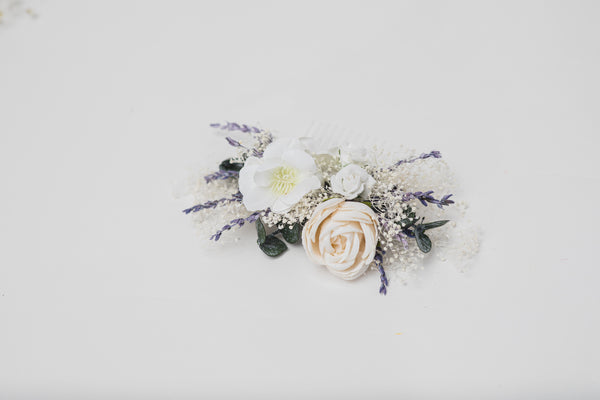 Lavender bridal flower set Hair crown with braids Boutonniere Romantic hair comb White roses Preserved flowers Magaela handmade Foam flowers