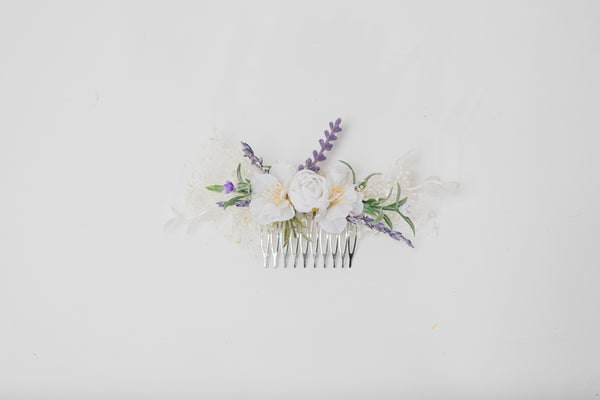 Lavender bridal flower set Hair crown with braids Boutonniere Romantic hair comb White roses Preserved flowers Magaela handmade Foam flowers