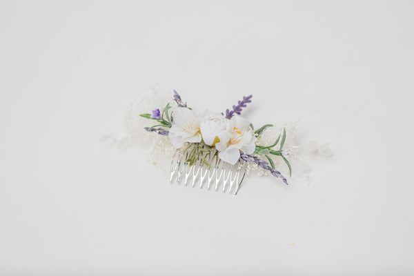 Lavender bridal flower set Hair crown with braids Boutonniere Romantic hair comb White roses Preserved flowers Magaela handmade Foam flowers