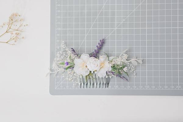 Lavender bridal flower set Hair crown with braids Boutonniere Romantic hair comb White roses Preserved flowers Magaela handmade Foam flowers