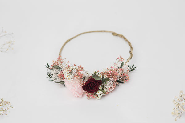 Romantic burgundy and pink flower wreath Maroon Custom made wedding crown Personalised wreath for bride Handmade Magaela hair accessories