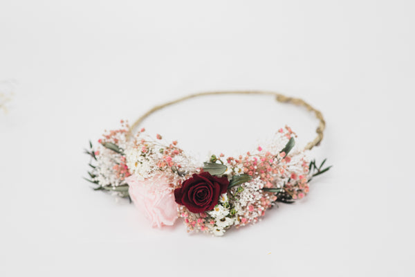 Romantic burgundy and pink flower wreath Maroon Custom made wedding crown Personalised wreath for bride Handmade Magaela hair accessories