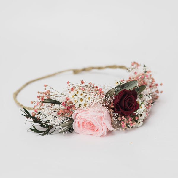 Romantic burgundy and pink flower wreath Maroon Custom made wedding crown Personalised wreath for bride Handmade Magaela hair accessories