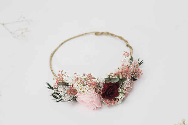 Romantic burgundy and pink flower wreath Maroon Custom made wedding crown Personalised wreath for bride Handmade Magaela hair accessories