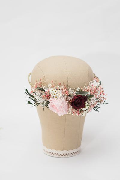 Romantic burgundy and pink flower wreath Maroon Custom made wedding crown Personalised wreath for bride Handmade Magaela hair accessories