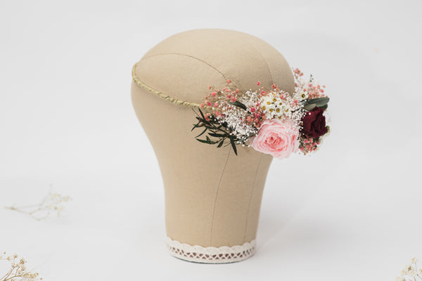 Romantic burgundy and pink flower wreath Maroon Custom made wedding crown Personalised wreath for bride Handmade Magaela hair accessories