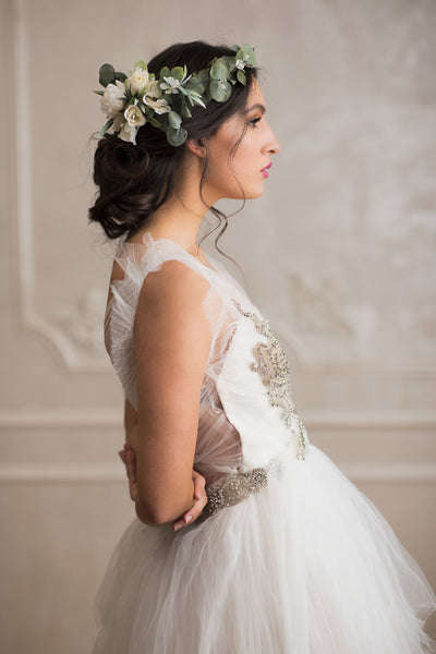 Greenery bridal wreath with flower arrangement at the back Flower crown with eucalyptus Bridal hair wreath 2021 Wedding Magaela accessories