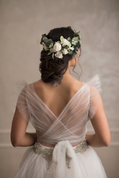 Greenery bridal wreath with flower arrangement at the back Flower crown with eucalyptus Bridal hair wreath 2021 Wedding Magaela accessories