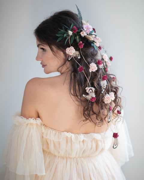 Romantic wedding hair vine Bridal headpiece with roses Bridal jewellery Braided hair vine Hanging vine Magaela Customisable Bridal headpiece