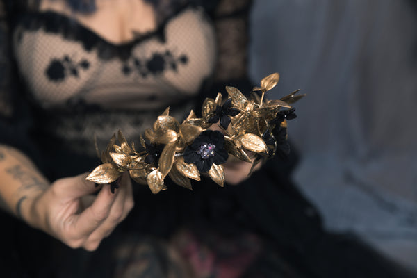 Golden and black flower hair crown