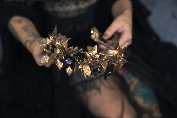 Golden and black flower hair crown