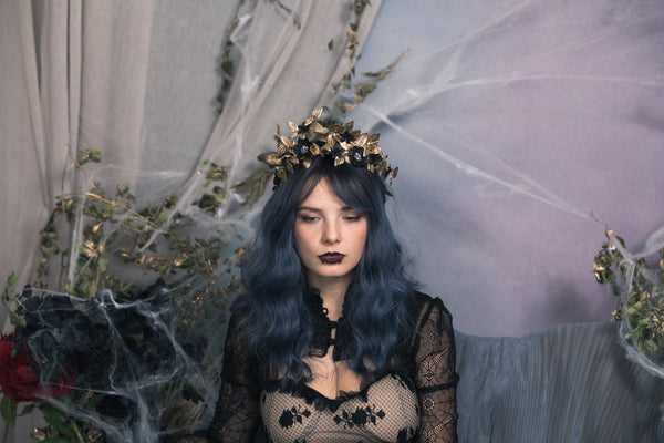 Golden and black flower hair crown