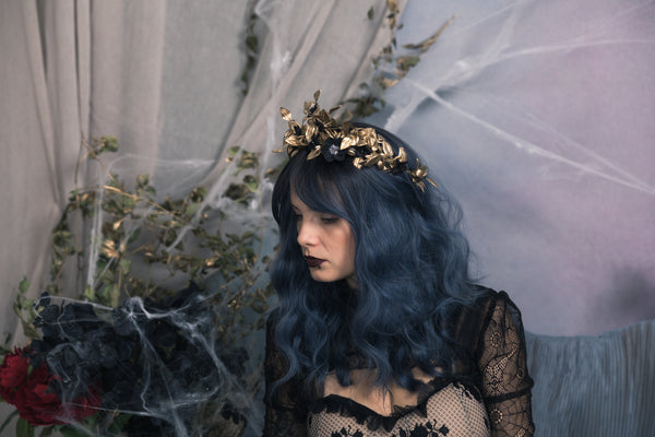 Golden and black flower hair crown