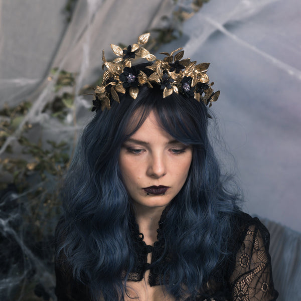 Golden and black flower hair crown