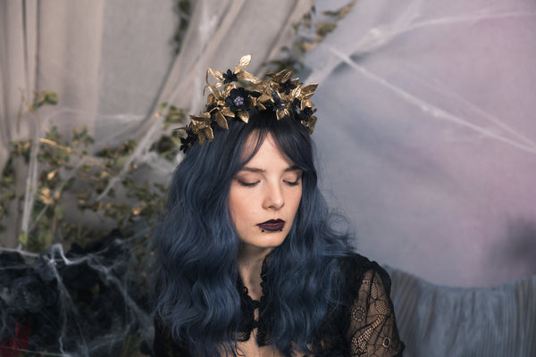 Golden and black flower hair crown