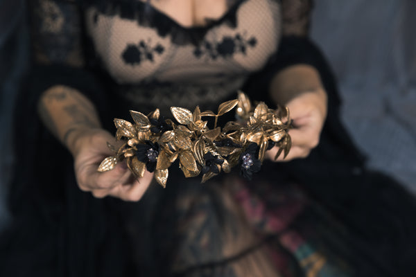 Golden and black flower hair crown