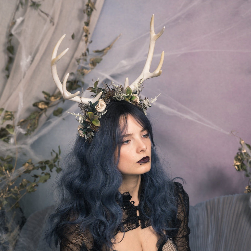 Halloween crown with deer antlers Black flower crown Antler crown