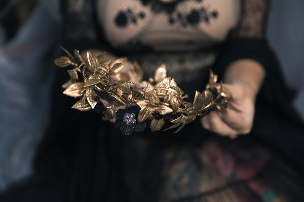 Golden and black flower hair crown