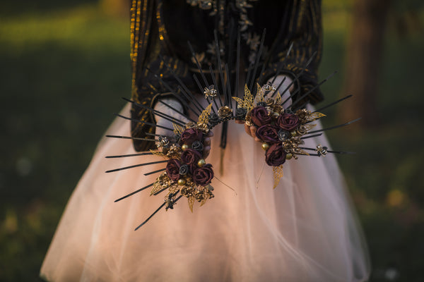 Two-sided flower halo crown Met gala headpiece Gothic spiked bridal headband Black and burgundy sun ray crown Beyonce crown Magaela handmade