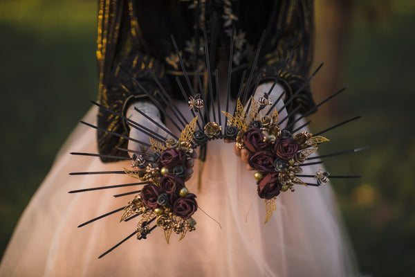 Two-sided flower halo crown Met gala headpiece Gothic spiked bridal headband Black and burgundy sun ray crown Beyonce crown Magaela handmade