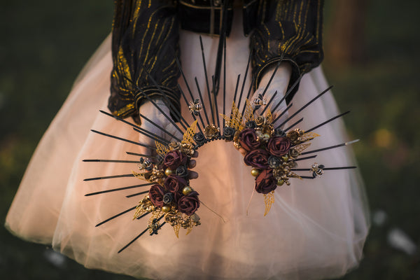 Two-sided flower halo crown Met gala headpiece Gothic spiked bridal headband Black and burgundy sun ray crown Beyonce crown Magaela handmade