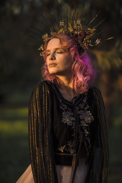 Two-sided flower halo crown Met gala headpiece Gothic spiked bridal headband Black and burgundy sun ray crown Beyonce crown Magaela handmade