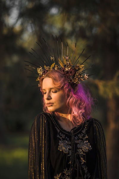Two-sided flower halo crown Met gala headpiece Gothic spiked bridal headband Black and burgundy sun ray crown Beyonce crown Magaela handmade