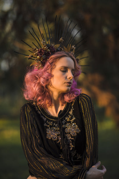 Two-sided flower halo crown Met gala headpiece Gothic spiked bridal headband Black and burgundy sun ray crown Beyonce crown Magaela handmade