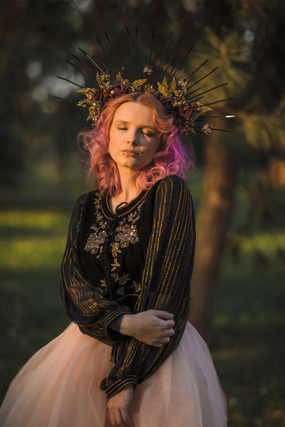 Two-sided flower halo crown Met gala headpiece Gothic spiked bridal headband Black and burgundy sun ray crown Beyonce crown Magaela handmade