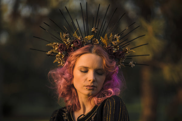 Two-sided flower halo crown Met gala headpiece Gothic spiked bridal headband Black and burgundy sun ray crown Beyonce crown Magaela handmade