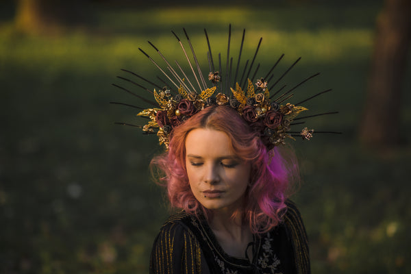 Two-sided flower halo crown Met gala headpiece Gothic spiked bridal headband Black and burgundy sun ray crown Beyonce crown Magaela handmade