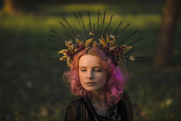 Two-sided flower halo crown Met gala headpiece Gothic spiked bridal headband Black and burgundy sun ray crown Beyonce crown Magaela handmade