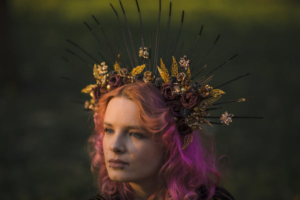 Two-sided flower halo crown Met gala headpiece Gothic spiked bridal headband Black and burgundy sun ray crown Beyonce crown Magaela handmade