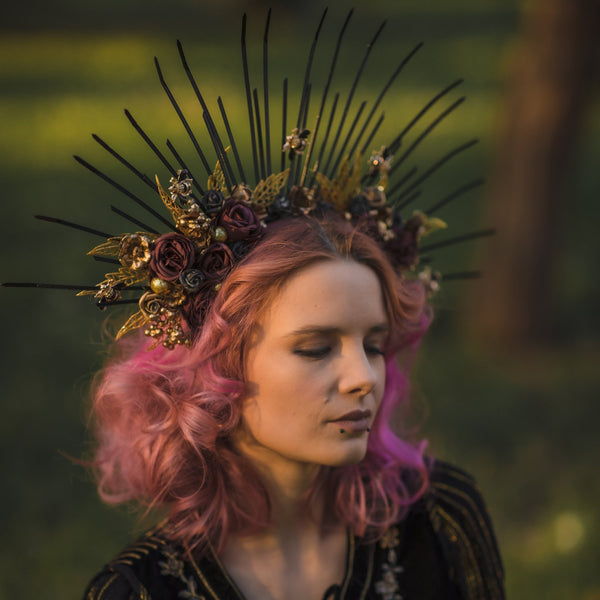 Two-sided flower halo crown Met gala headpiece Gothic spiked bridal headband Black and burgundy sun ray crown Beyonce crown Magaela handmade