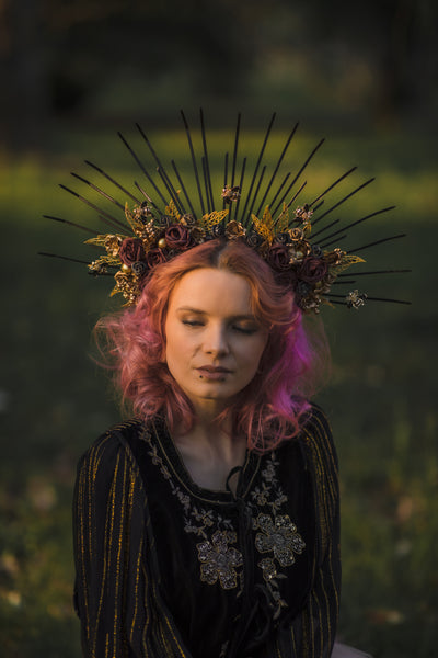 Two-sided flower halo crown Met gala headpiece Gothic spiked bridal headband Black and burgundy sun ray crown Beyonce crown Magaela handmade