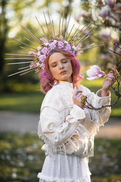Romantic pink halo crown Flower met gala crown Bridal headpiece Wedding crown Maternity photoshoot Pink and gold spiked headband Magaela