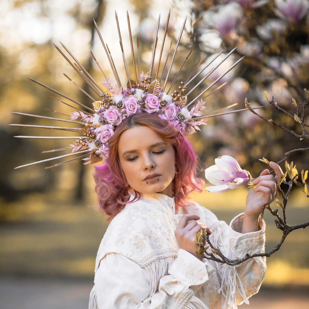 Romantic pink halo crown Flower met gala crown Bridal headpiece Wedding crown Maternity photoshoot Pink and gold spiked headband Magaela