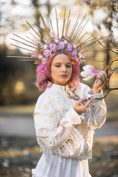 Romantic pink halo crown Flower met gala crown Bridal headpiece Wedding crown Maternity photoshoot Pink and gold spiked headband Magaela