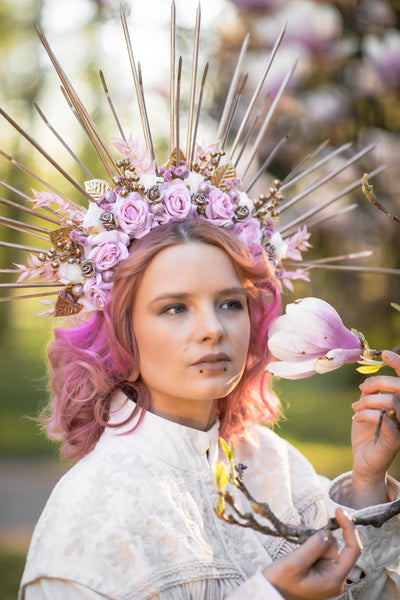 Romantic pink halo crown Flower met gala crown Bridal headpiece Wedding crown Maternity photoshoot Pink and gold spiked headband Magaela