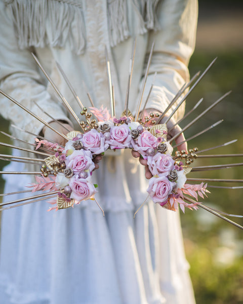 Romantic pink halo crown Flower met gala crown Bridal headpiece Wedding crown Maternity photoshoot Pink and gold spiked headband Magaela