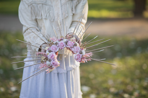 Romantic pink halo crown Flower met gala crown Bridal headpiece Wedding crown Maternity photoshoot Pink and gold spiked headband Magaela
