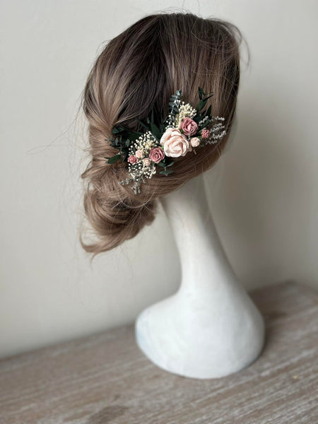 Dusty pink roses wedding hair comb